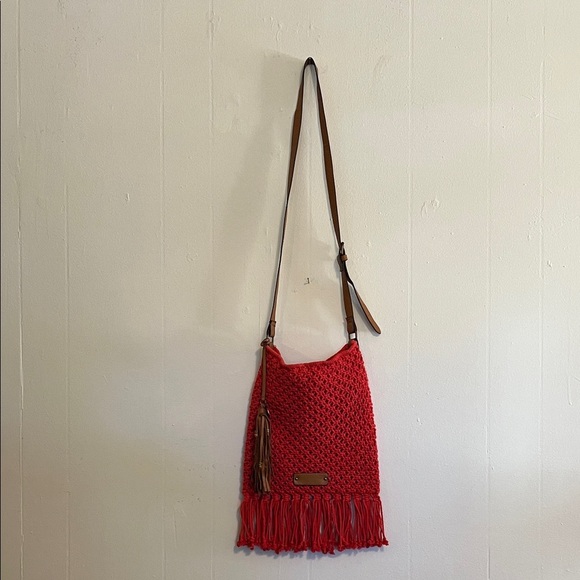 Lucky Brand Red Crochet Crossbody Bag with Fringe - Picture 1 of 7